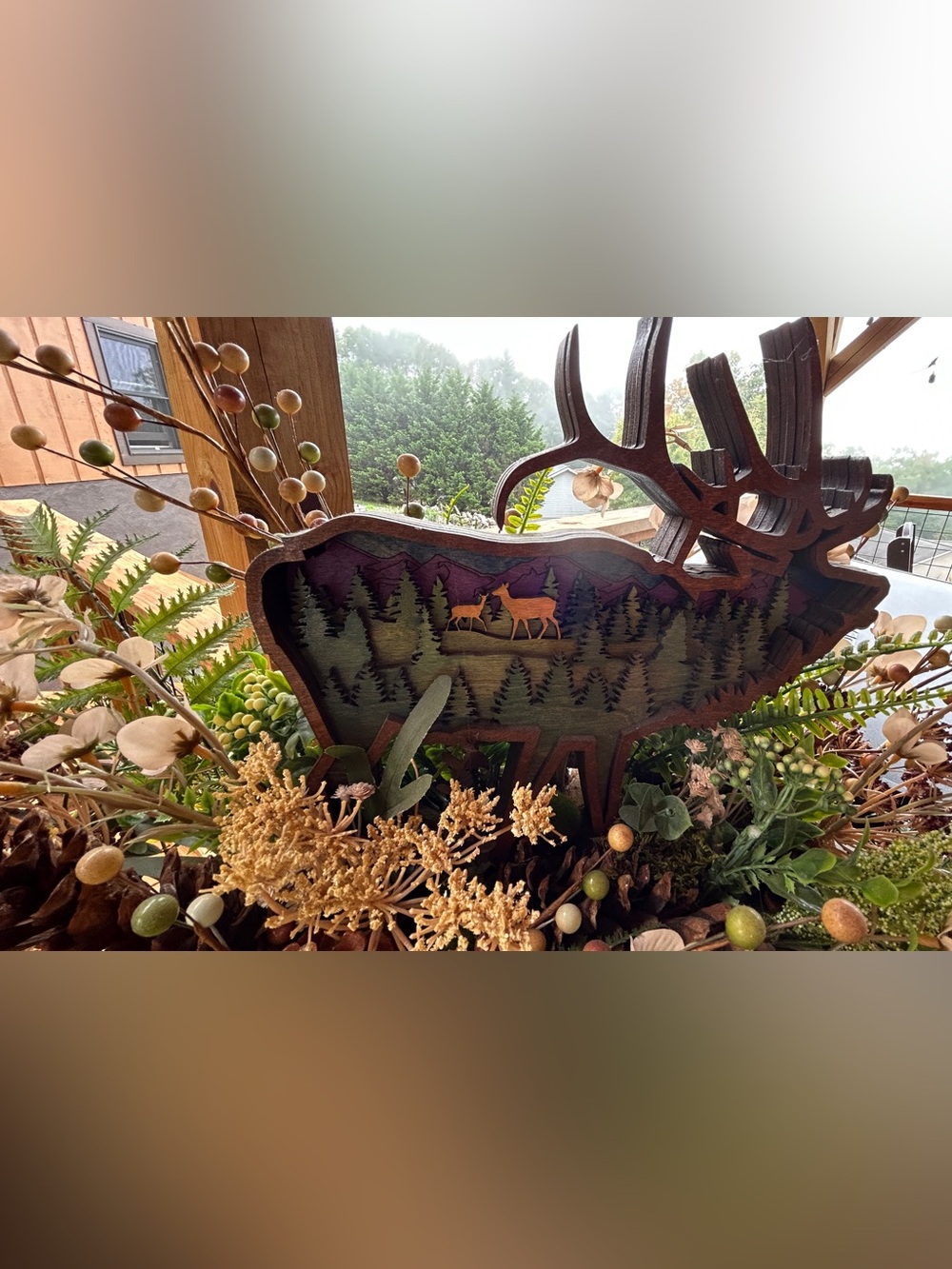 Wooden Moose Wall Art with Forest Scene - Green & Brown